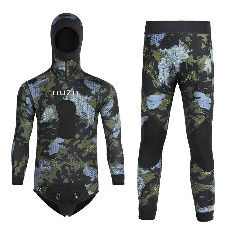 5mm Thickened Camouflage Wetsuit Diving Surfing Spearfishing Winter Swimming Mens Hooded Two-Piece Neoprene Suit