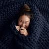 Deep Blue Handwoven Throw Blanket With Ultra Thick Yarn For Cozy Home Decor