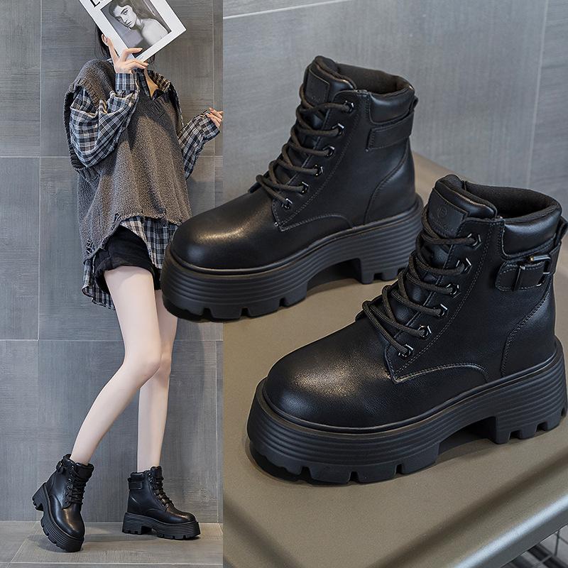 2024 новые 9 см внутренняя высота увеличивается кожа толстая подошва маленький размер женские короткие на шнуровке повседневные теплые хлопковые туфли ботинки Martin женские