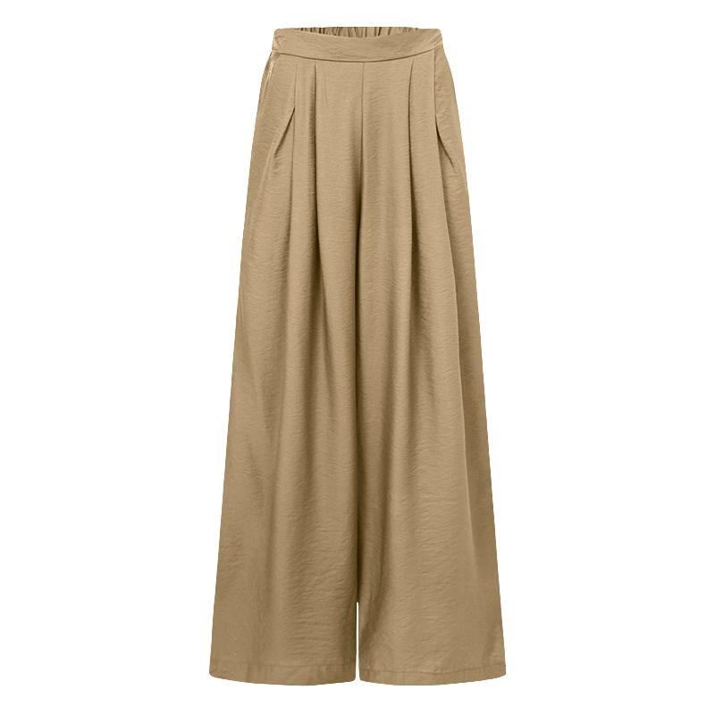 Лето-осенние женские широкие брюки, повседневные эластичные однотонные брюки с карманами, свободные плиссированные однотонные брюки длиной до пола на молнии, большие размеры