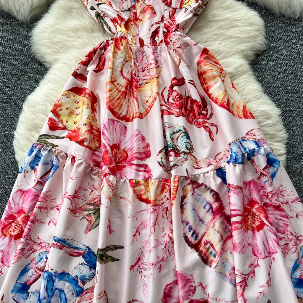 Summer Women Elegant Print Spaghetti Strap Long Maxi Party Dresses with Belt