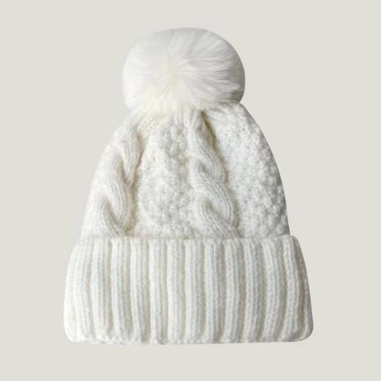 Unisex Winter Beanie Knitted Thick Folded Brim Solid Color Stretchy Pom-Pom Hat Ear Protection Piled Hat Windproof Cold Weather Warm Headgear