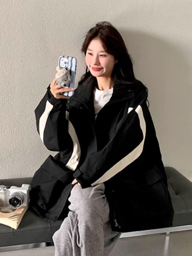 Женская куртка большого размера на весну-осень в американском стиле с капюшоном, оверсайз, свободная, повседневная, лоскутная, ветровка