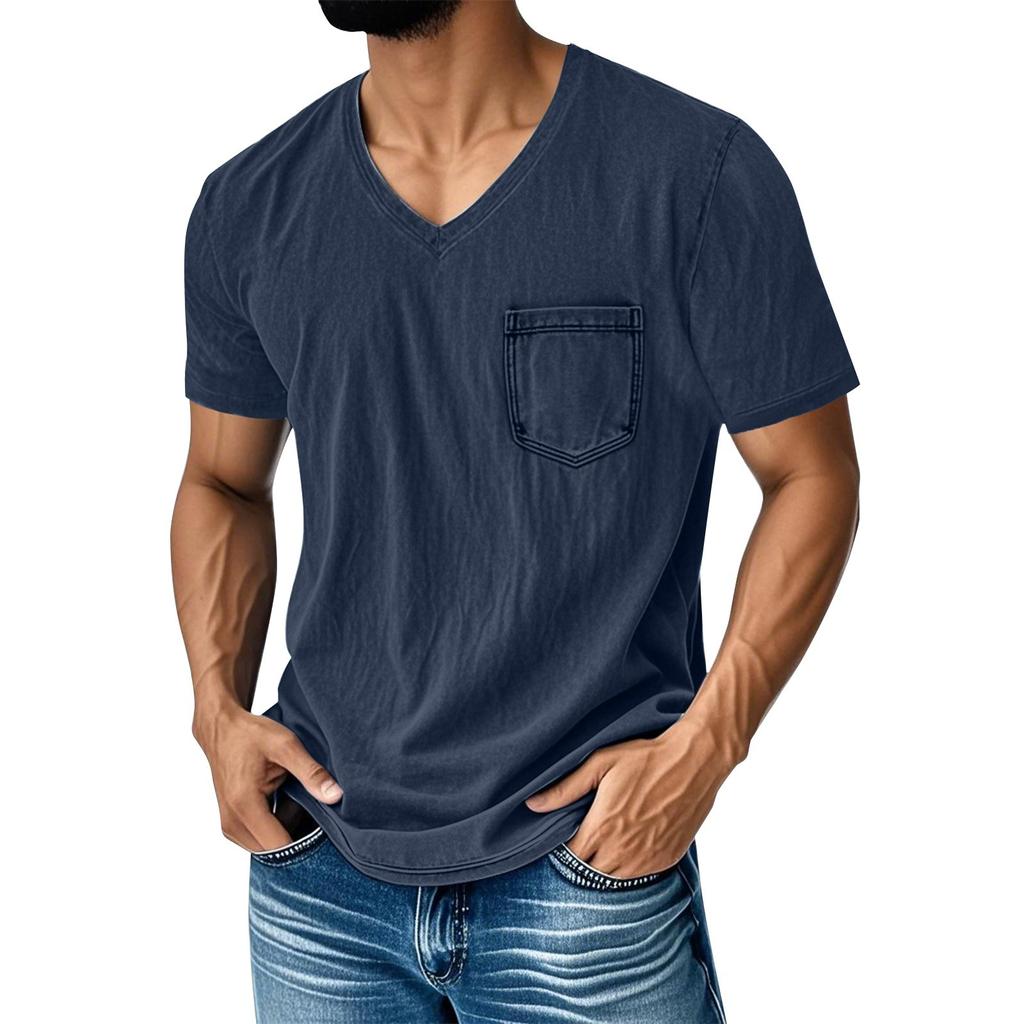 Men's Summer Solid Color V-Neck Loose Pocket Short Sleeve Top