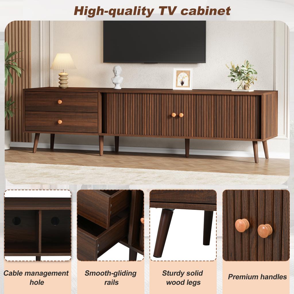 180 x 40 x 46.5 cm Large TV Cabinet in Walnut Wood Look with Two Drawers, Two Roller Doors and 7 Support Feet. Suitable for TVs up to 80 Inches.
