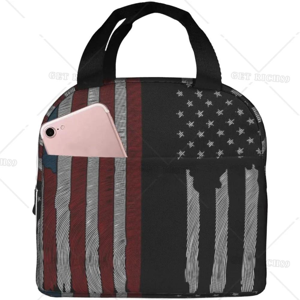 Сумка-тоут с американским флагом для обеда для женщин и мужчин, многоразовый изолированный контейнер для обеда-холодильника с карманом для работы в офисе