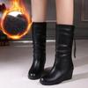 Winter Women's Plush Round Head Leather Square Heel Vintage Pull Wedge Chain Mid Wedge Boots for Women Wide Calf
