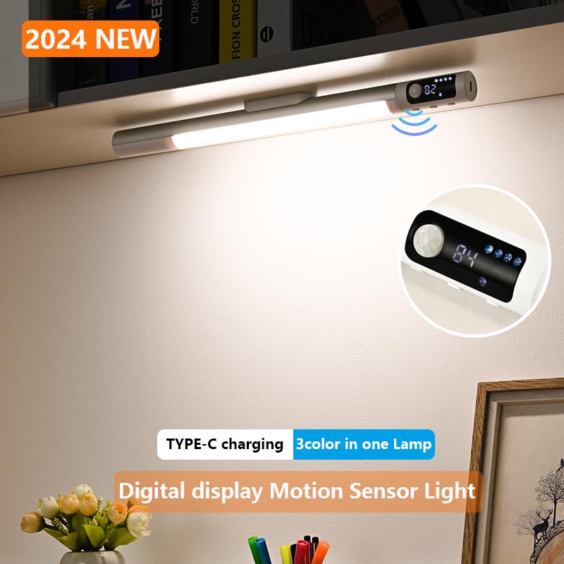 Bar LED Lights Motion Sensor Cabinet Lights Digital Display Desk Lamp Type C Rechargeable Lights for Kitchen Closet Night Light