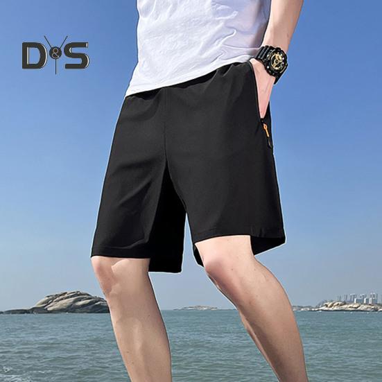 Мужские спортивные шорты, однотонные, прямые, с эластичной резинкой на талии, повседневная одежда, карманы на молнии, ретро, ​​тонкие летние шорты выше колена, мужская одежда