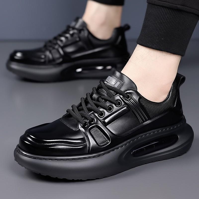 Mens Genuine Leather Casual Sneakers With Thick Rubber Sole Breathable Lightweight Non-Slip Comfortable Round Toe Lace-Up