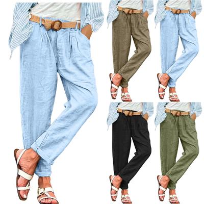 Женское льняное повседневное прямое платье с высокой талией и широкими штанинами, хлопковые льняные брюки, брюки на пуговицах