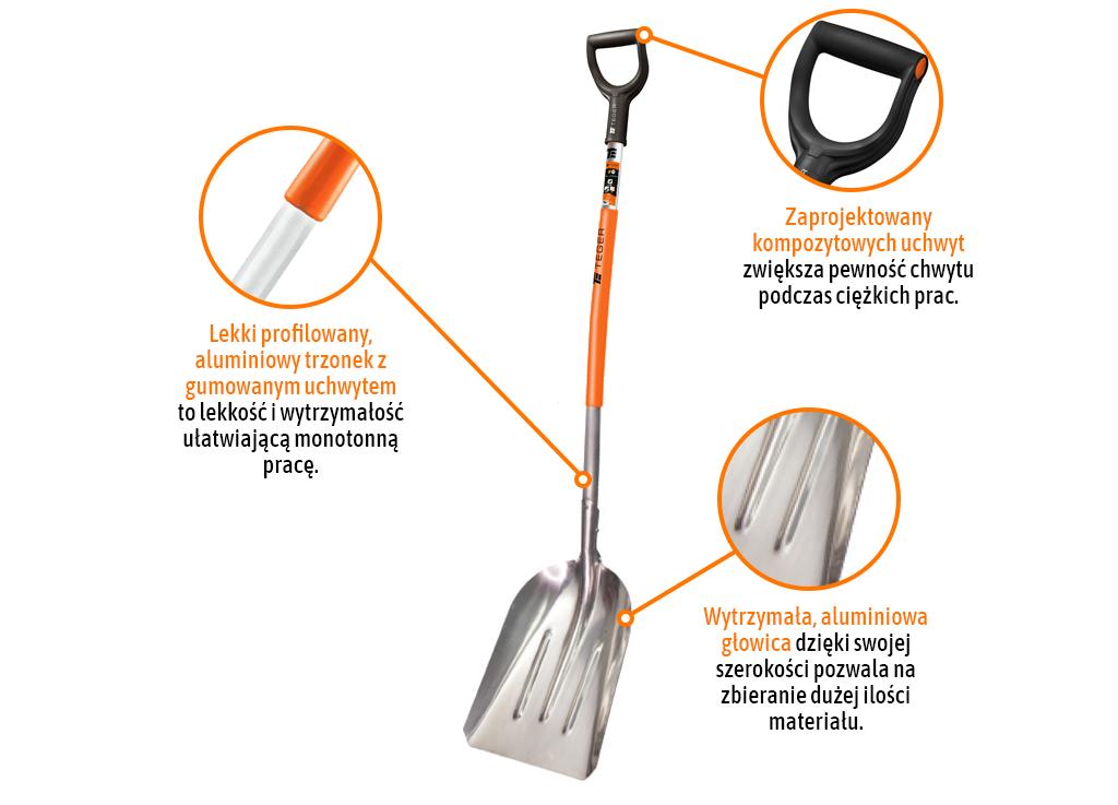 Aluminum utility shovel - universal - narrow, (290/380/1380mm), Teger