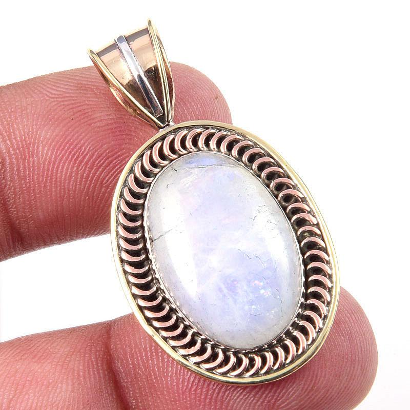Natural Rainbow Moonstone Gemstone 925 Solid Silver Two Tone Pendant 1.50" K5Q91