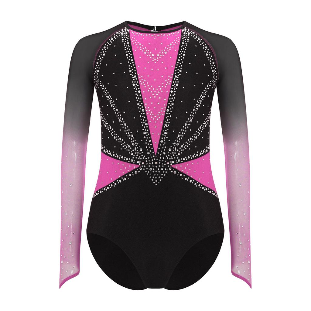 Girls Gymnastics Leotard Sheer Mesh Long Sleeve Keyhole Back Shiny Rhinestones Color Block Costume