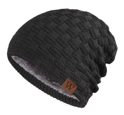 [sproutsy] Knitted Beanie with Fleece Lining for Warmth, Winter Knit Hat (JP, Number Size, 57.0 Cm, Black)
