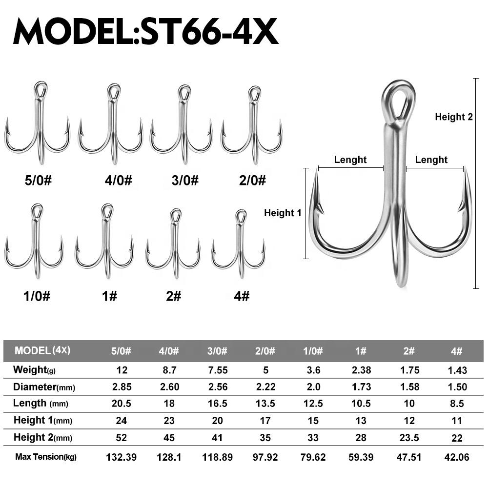 PROBEROS 4X ST66 Treble Fishing Hooks Hi-Carbon Steel Anti-Corrosion Silver 4#-5/0# High Strength Tackle 10pcs/box
