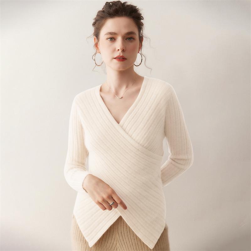 Lekasha Women's V-Neck Cross Knit Cashmere Sweater - Long Sleeve, Autumn/Winter Style