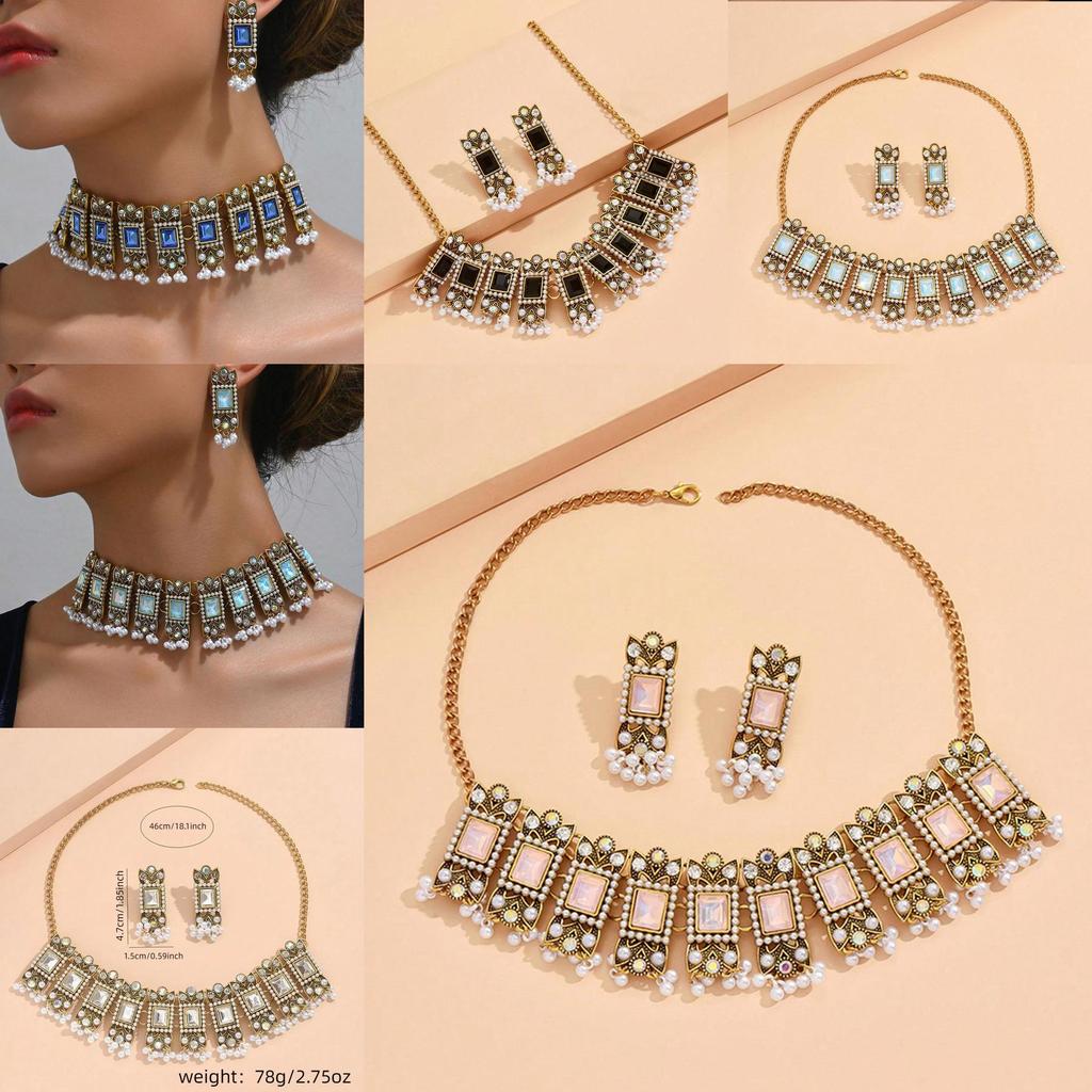 European Style Alloy Gemstone Necklace And Earrings Set With Artificial Pearl Dangles For Women