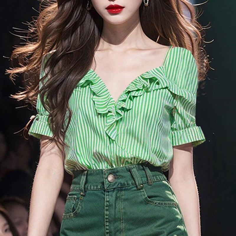 VONDA Женские летние повседневные футболки с оборками и V-образным вырезом с коротким рукавом в полоску