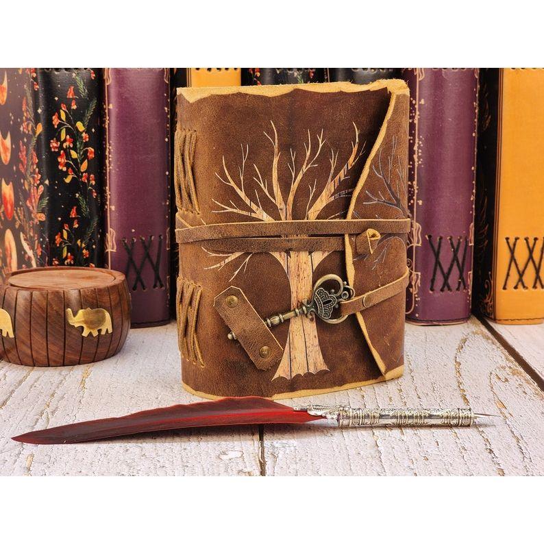 Tree of Life Leather Journal - Antique Handmade Deckle Edge Vintage Paper Leather Grimoire, Book of Shadows, Spell Notebook, Gift for Him