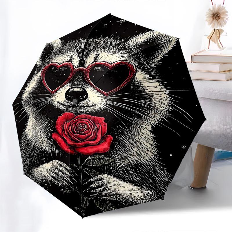 1pc Heart-Shaped Sunglasses Raccoon with Rose, Automatic Folding Umbrella, Portable 3-Fold Design, 8-Bone Iron Frame Outdoor Umbrella, Perfect Gift fo