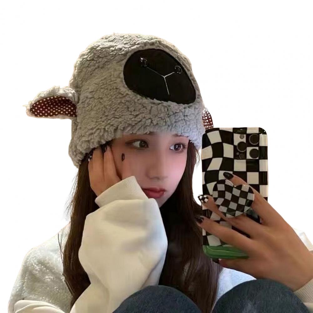 Lady Winter Hat Cartoon Lamb Head Shape Thick Fleece Ear Dome Heat Retention Outdoor Photo Prop Daily Cap