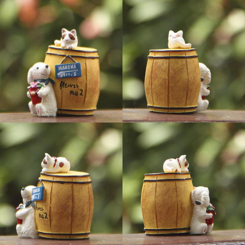 Cartoon Cute Wine Barrel Cat And Dog Mini Model Ornament For Garden Decoration
