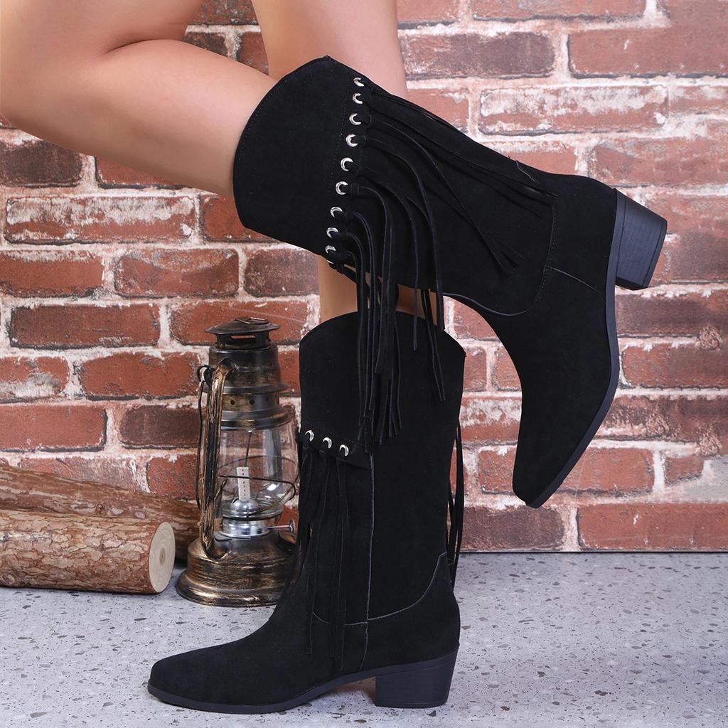 Bohemian Mid-calf Boots Women New Winter Ethnic Rivet Tassel Boots Woman Faux Suede Pointed Thick Heel Shoe Booties Female