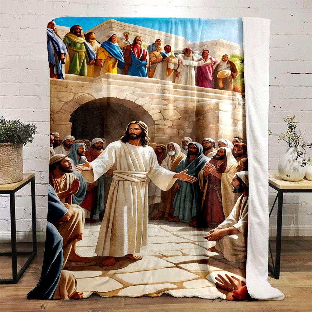 Jesus Teaching Crowd Blanket Printed Blanket for Living Room Bed Couch lunch break Soft Cozy Blanket for Friend's festival Gift