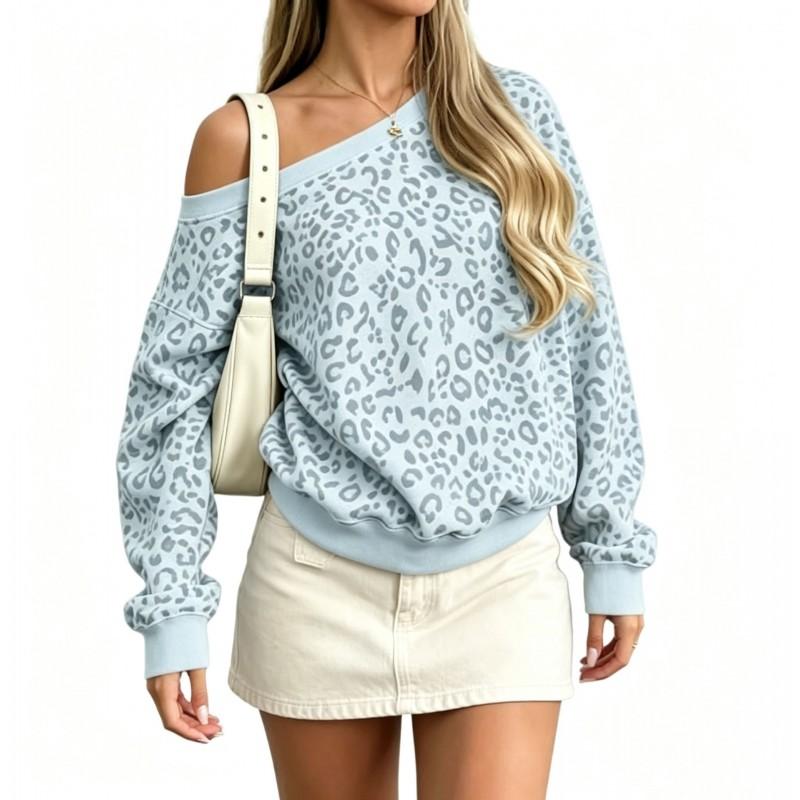 Womens 2026 Leopard Print Off-Shoulder Loose Fit Long Sleeve Hoodless Sweatshirt Daily Wear