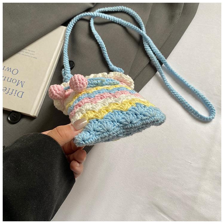 Handmade Crochet Cherry Phone Bag, Cute Pastel Knitted Crossbody Purse For Girls, Mini Drawstring Single Shoulder Pouch