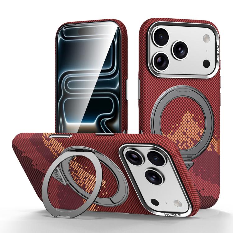 Kevlar Pixel Grid Texture Rotatable Magnetic Holder Phone Case For iPhone Anti‑Scratch Shockproof Hard Protective Cover