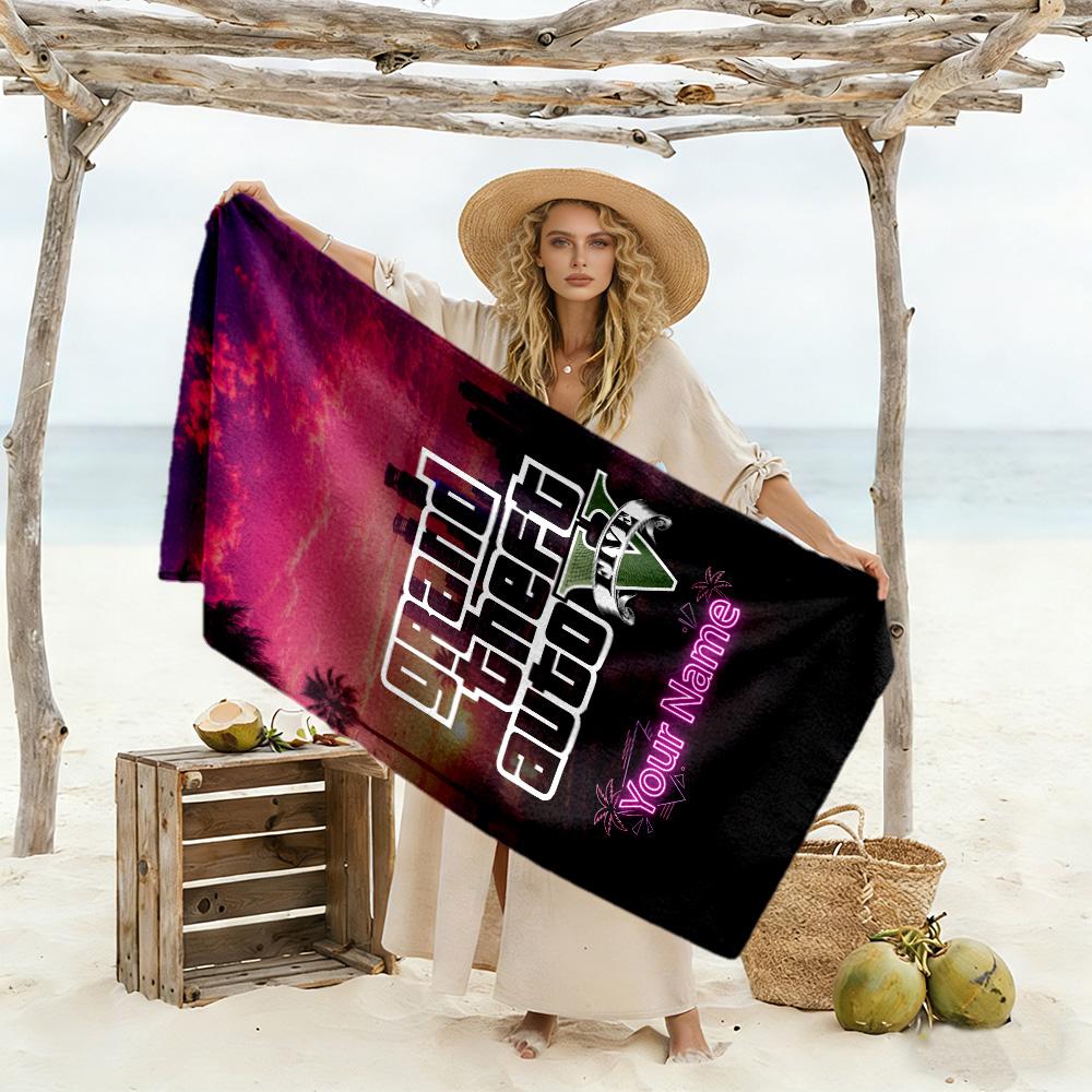Gta Customizable Name Beach Towel Quick-Dry Soft Microfiber Ideal for Travel Outdoor Swim Pool Yoga Surf Camping Hiking Gym Gift Holiday