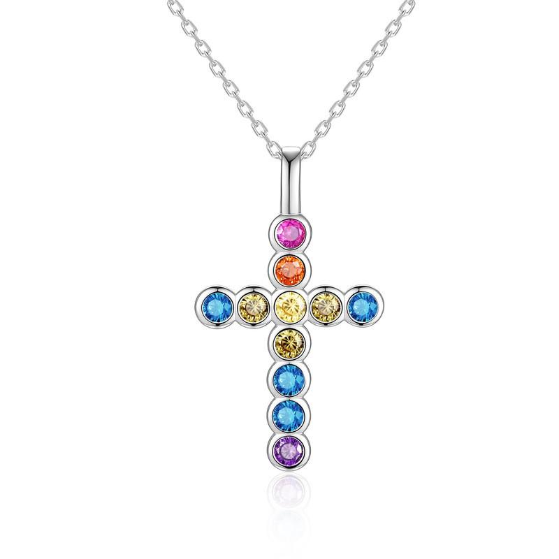 Sterling Colorful Zircon Cross Pendant Necklace Women Trendy Locket Chain Sweet Edgy Style