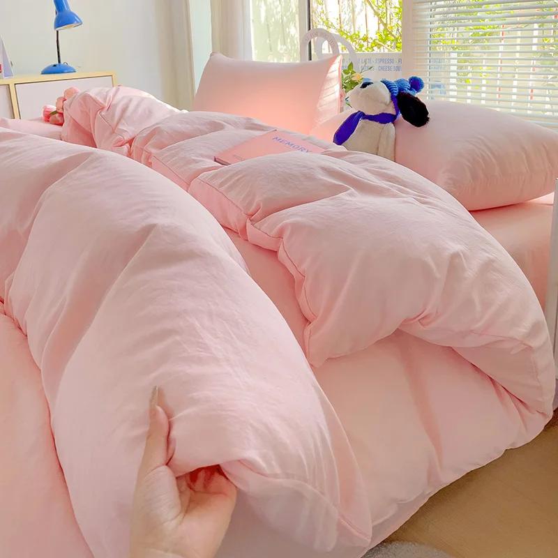 Solid Cotton Bedding Set For Boys with Sheet Duvet Cover Pillowcase Single Couple Bedsheet King Queen Double Twin Size Bed Linen