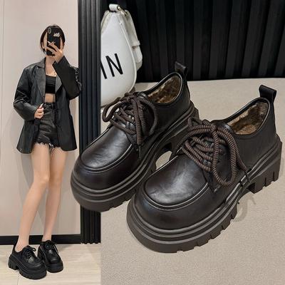 Модные готические лоферы на массивном высоком каблуке для женщин 2024, стиль преппи, оксфорды на шнуровке, женская зимняя теплая хлопковая обувь, обувь Y2K