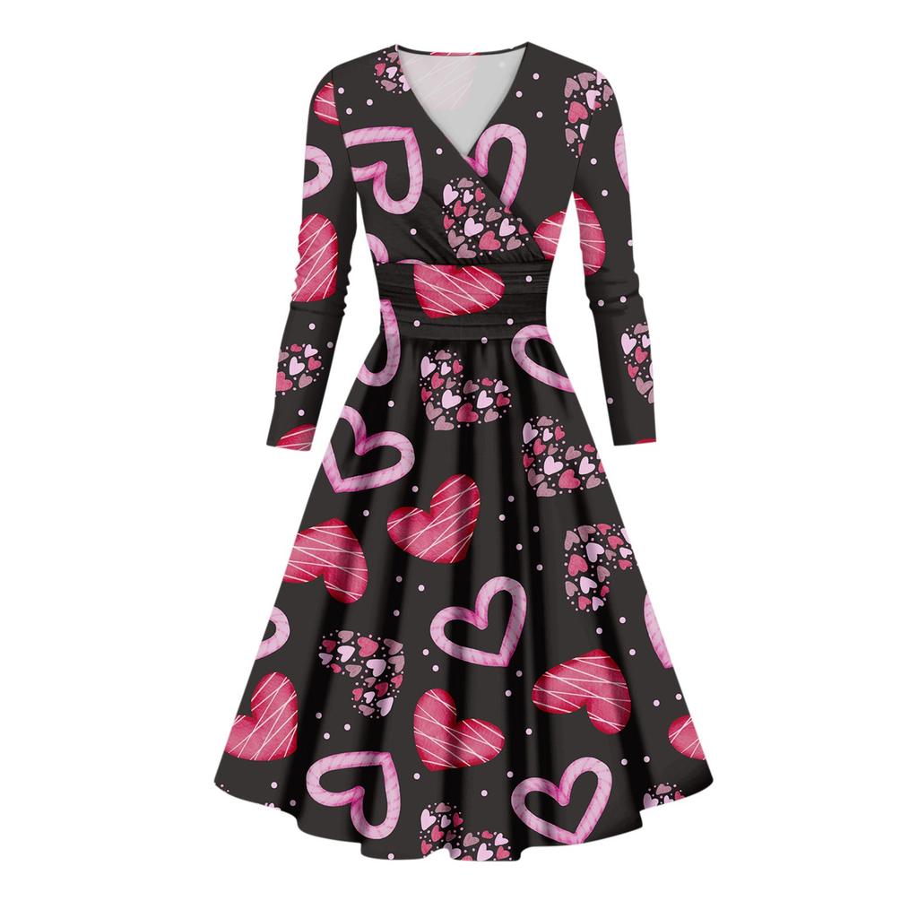 Женская мода повседневное сексуальное платье с длинным рукавом и v-образным вырезом с принтом ко Дню святого Валентина