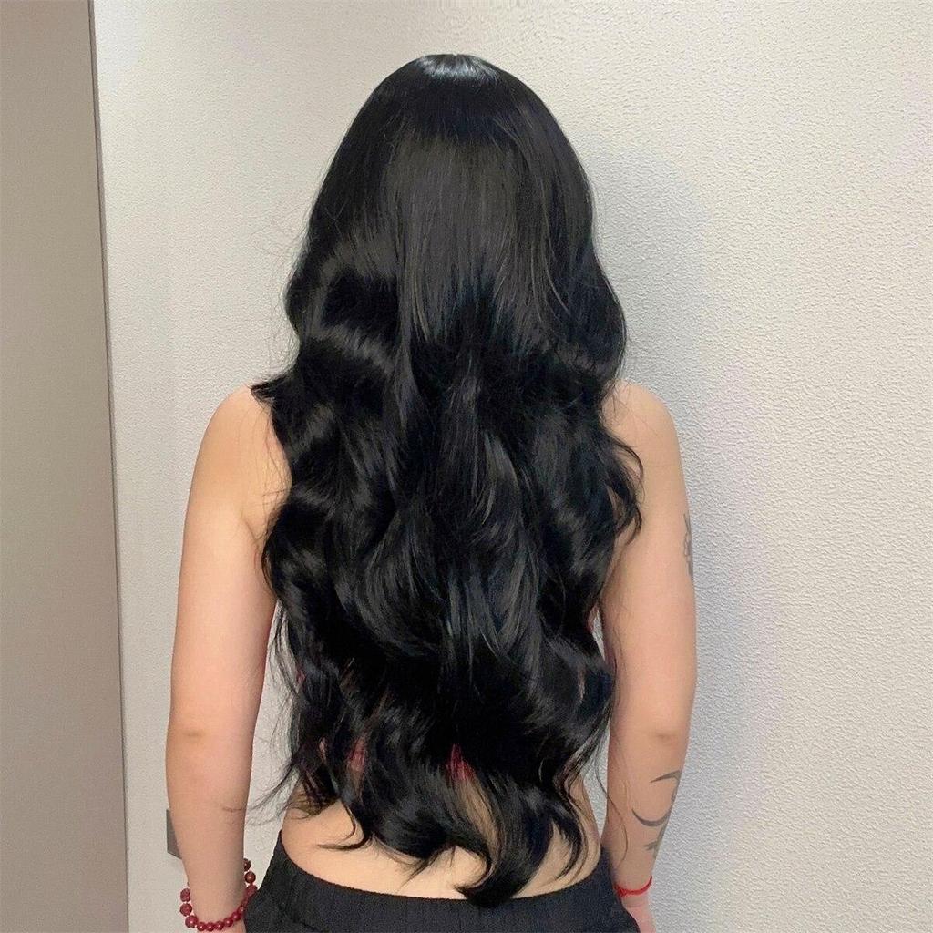 ALAN EATON Long Black Wavy Synthetic Wigs for Black Women Long Natural Wigs With Bangs Heat Resistant Daily Cosplay Fake Hair Wig