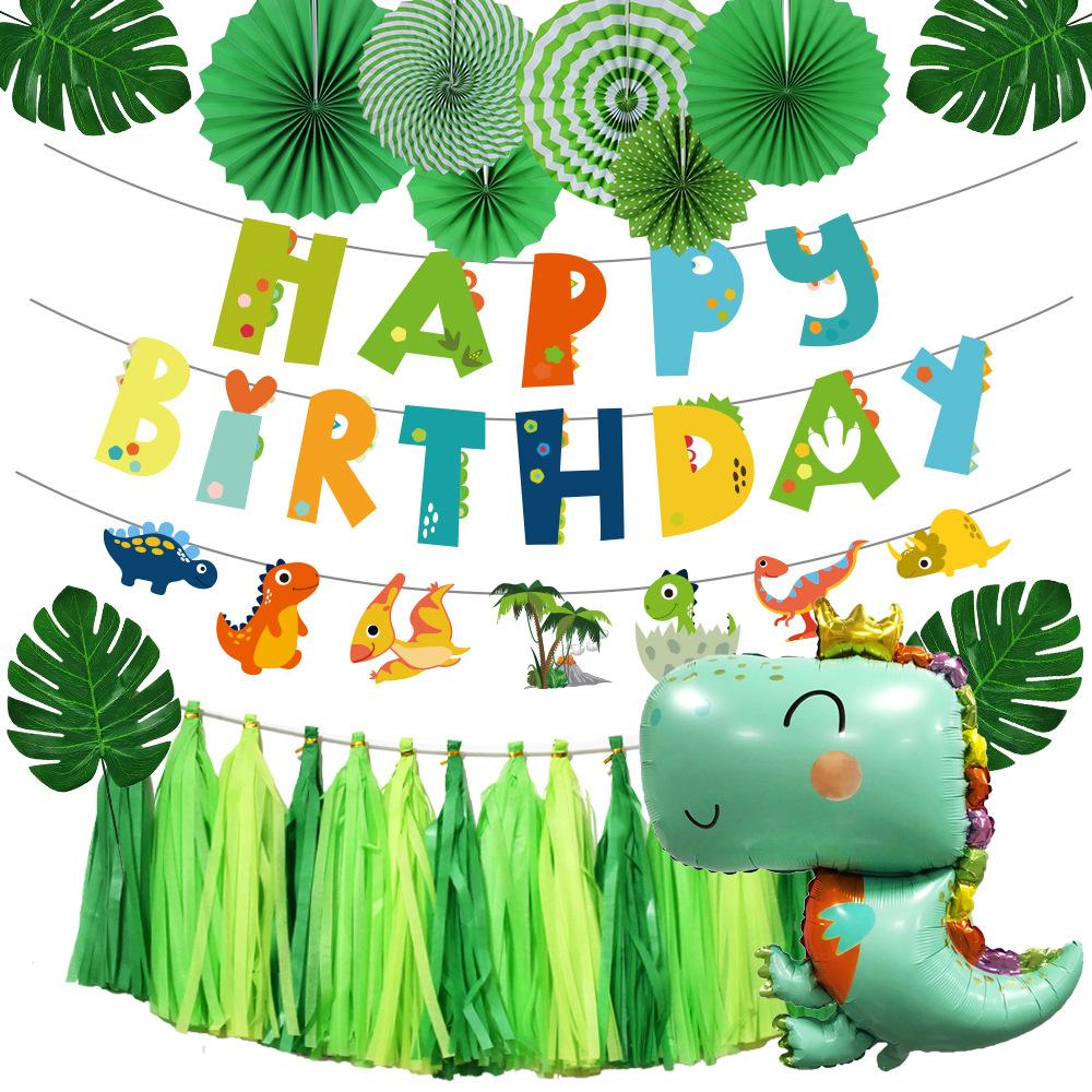 Mori Dinosaur Balloon Set, Dinosaur Birthday Letter Flag Children'S Paper Fan Party Decoration