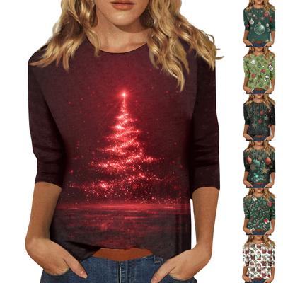 Женские топы Рубашка с рукавом три четверти V-образный вырез Свободная повседневная рубашка Футболка с принтом