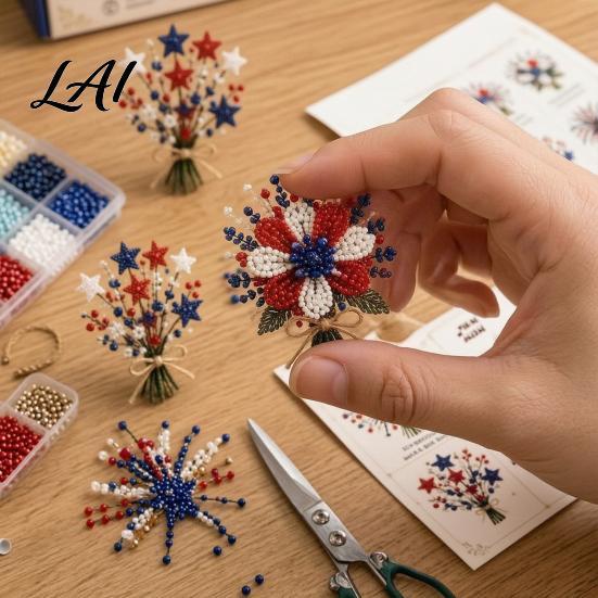 Handmade Flower Bouquet 3D Beading Kit America 250th Anniversary Beaded DIY Small Kit Bead Art Set for Adults Beginners Office Decoration Craft