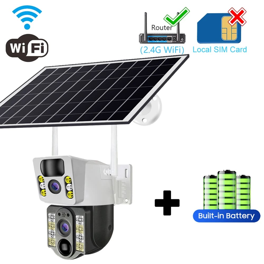 4K Солнечная камера 4G SIM-карта Wi-Fi Двойной объектив 8MP HD Ночное видение IP-видеонаблюдение PTZ PIR Сигнализация обнаружения человека Безопасность Водонепроницаемая