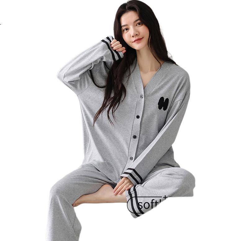 Ordifen Women's Pajamas, 100% Cotton, Summer Full Combed Pure Cotton Long-Sleeve Cardigan, Simple And Wearable Outside, Loungewear, Gray, Size L