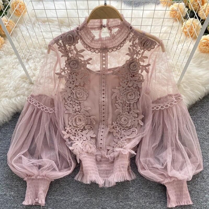 Elegant Floral Mesh Long Sleeve Short Blouse Sweet Women Lantern Sleeve Lace Shirts Ladies See Through Mesh Blouse Tops 25914