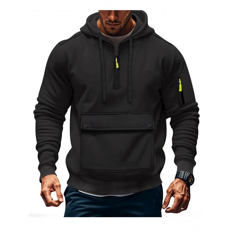 Mens Hooded Pullover Sweatshirt With Zippered Sleeve Pocket Loose Fit Casual Top