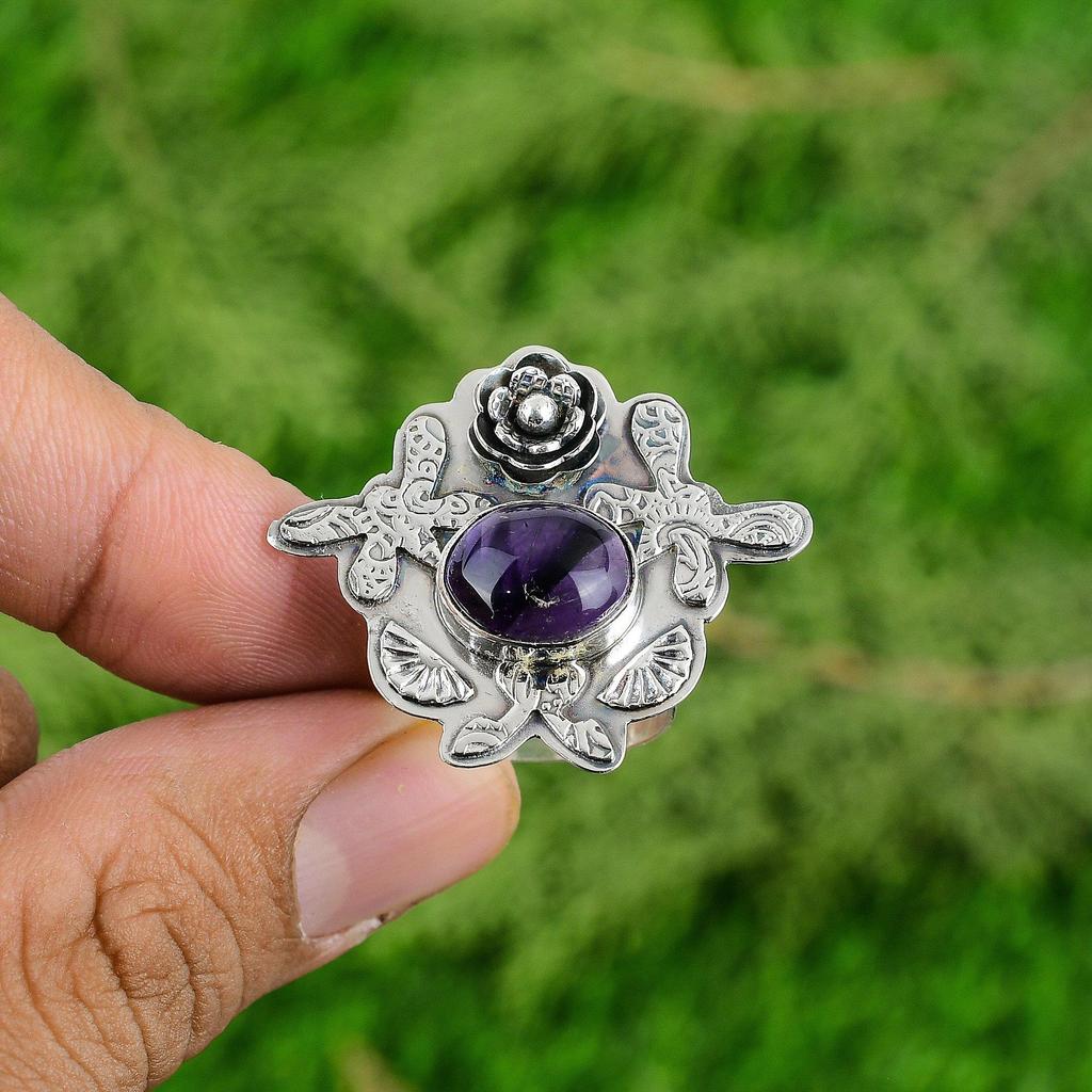 Natural Star Amethyst Statement Flower Adjustable Ring 925 Silver For Women