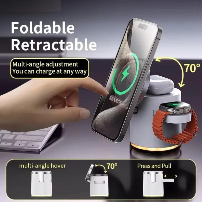 Док-станция 4 в 1 для быстрой зарядки, беспроводное зарядное устройство QI2, ночник для Magsafe iPhone 16 15 14 Pro Max, AirPods Pro 2-8, Apple Watch