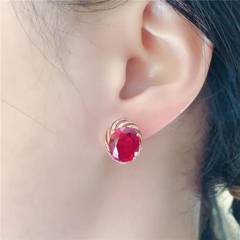 Классическая серия романтические сапфировые серьги-пусеты с розовым золотым покрытием, инкрустированные овальными рубинами, для женщин на свадьбу, циркон