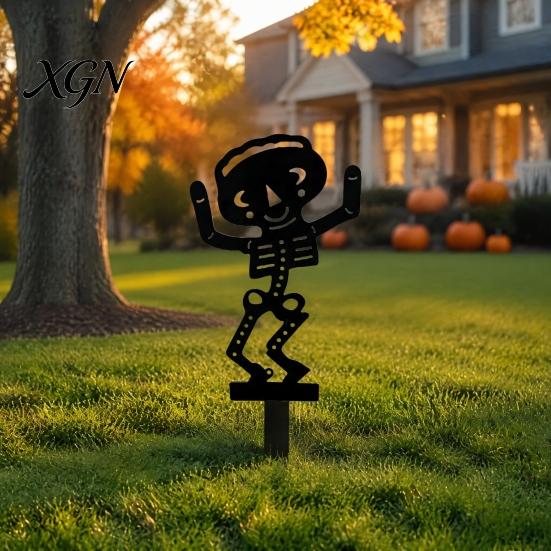 Outdoor Skeleton Lawn Decorations Halloween Garden Stake, Metal with Bat Spider Yard Art Spooky Accents Black Silhouette Decoration for Flower
