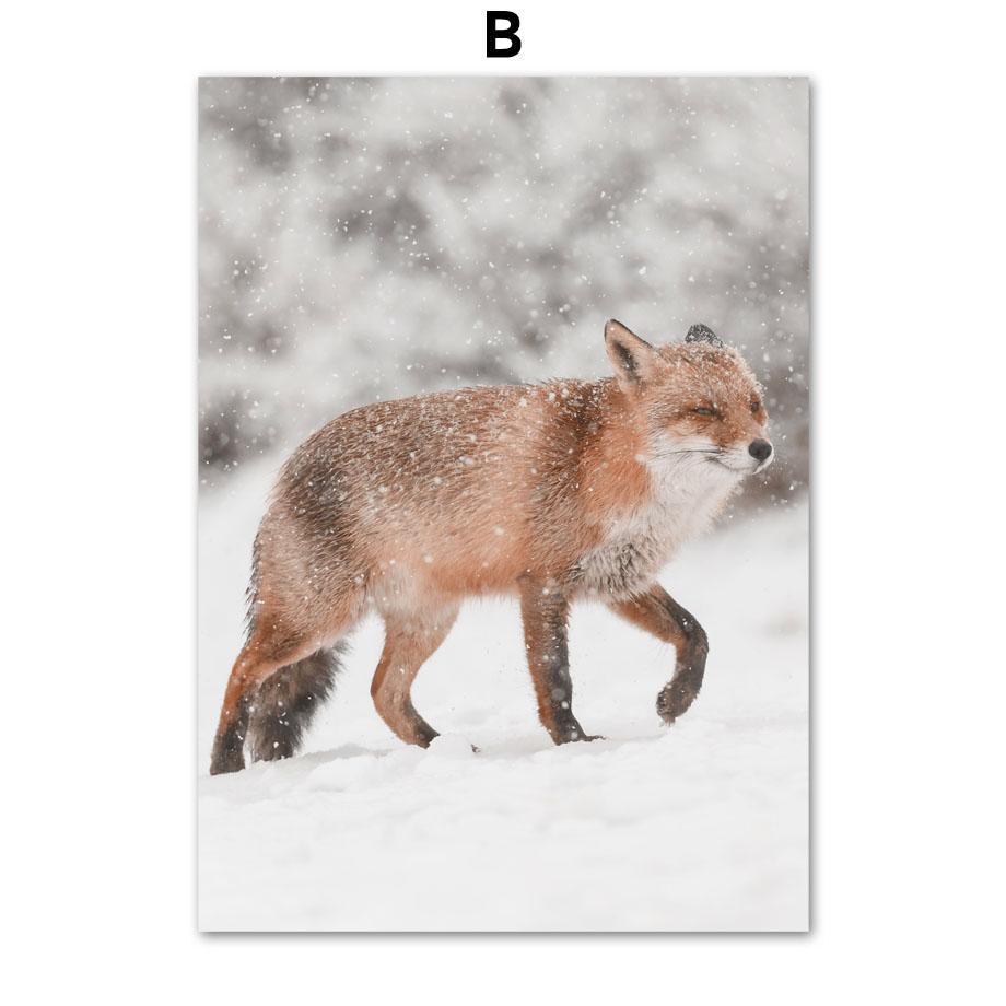 Зимний пейзаж, снег, сосновый лес, дом, олень, лиса, плакат на скандинавскую тему, настенный художественный принт, холст, картина, настенная картина для декора гостиной